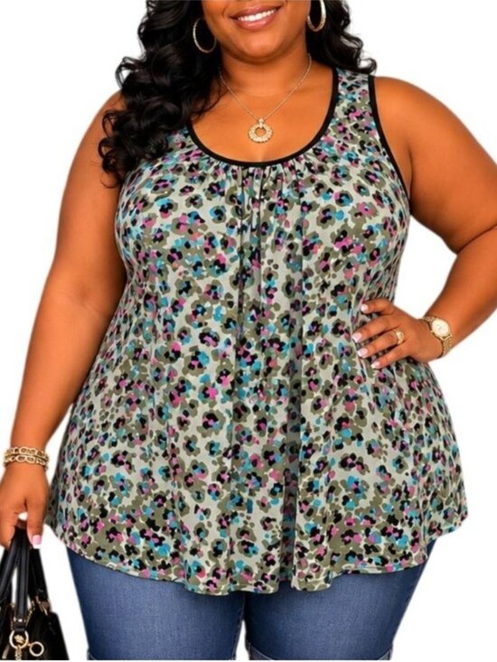 Beverly Drive Tops - Beverly Drive Plus Size 16-18W Tank Top Sleeveless Multicolor Leopard Print